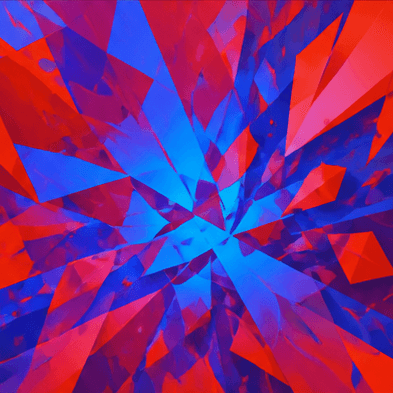 Abstract album cover with red and blue crystalline shards