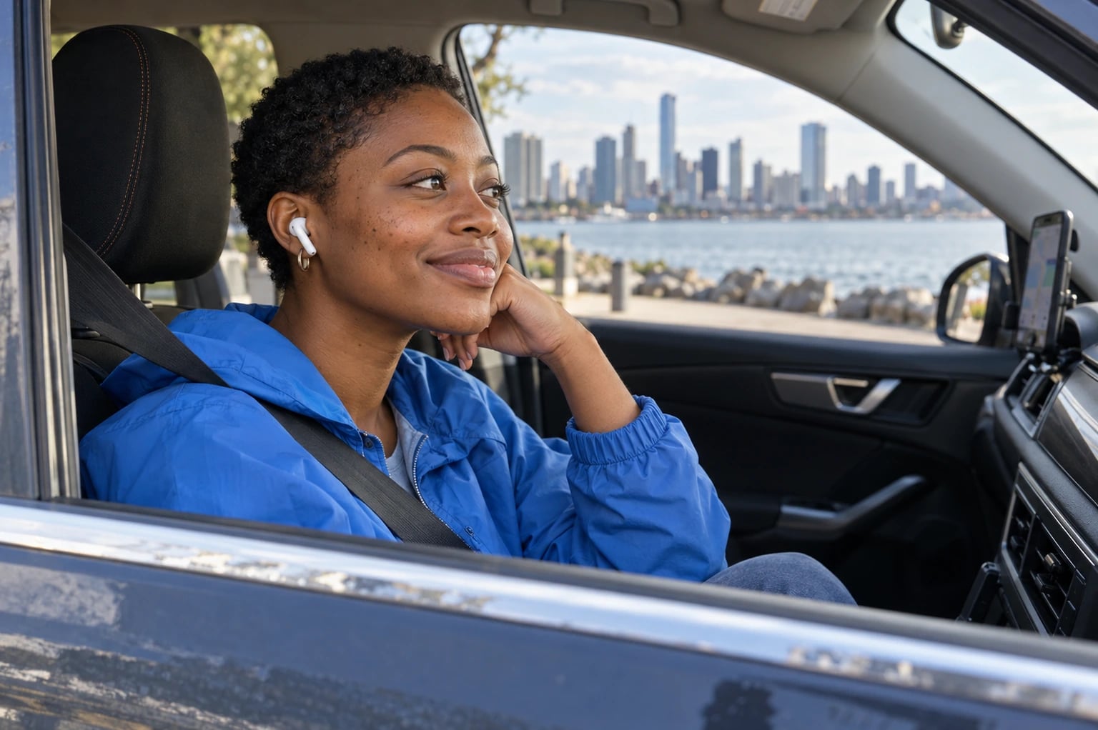 Short-haired young listener enjoying music in a parked car by the waterfront