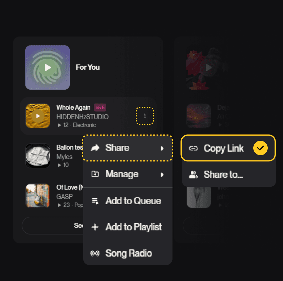 Copy a Suno song link from the share menu