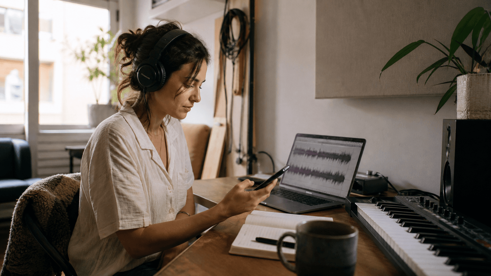 Music creator listening with headphones while reviewing audio on a laptop and phone