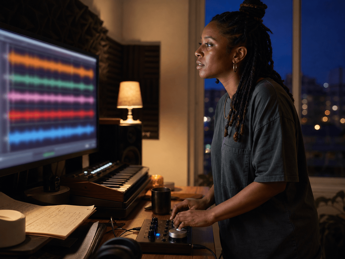 AI music creator comparing song generations in a dark home studio