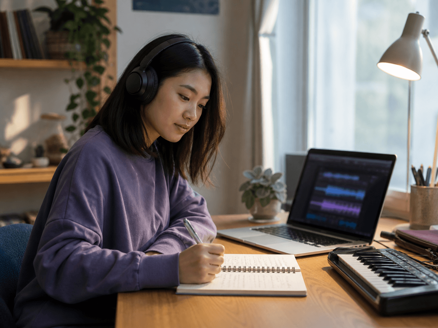 AI music beginner taking notes while listening to a song at a home music desk