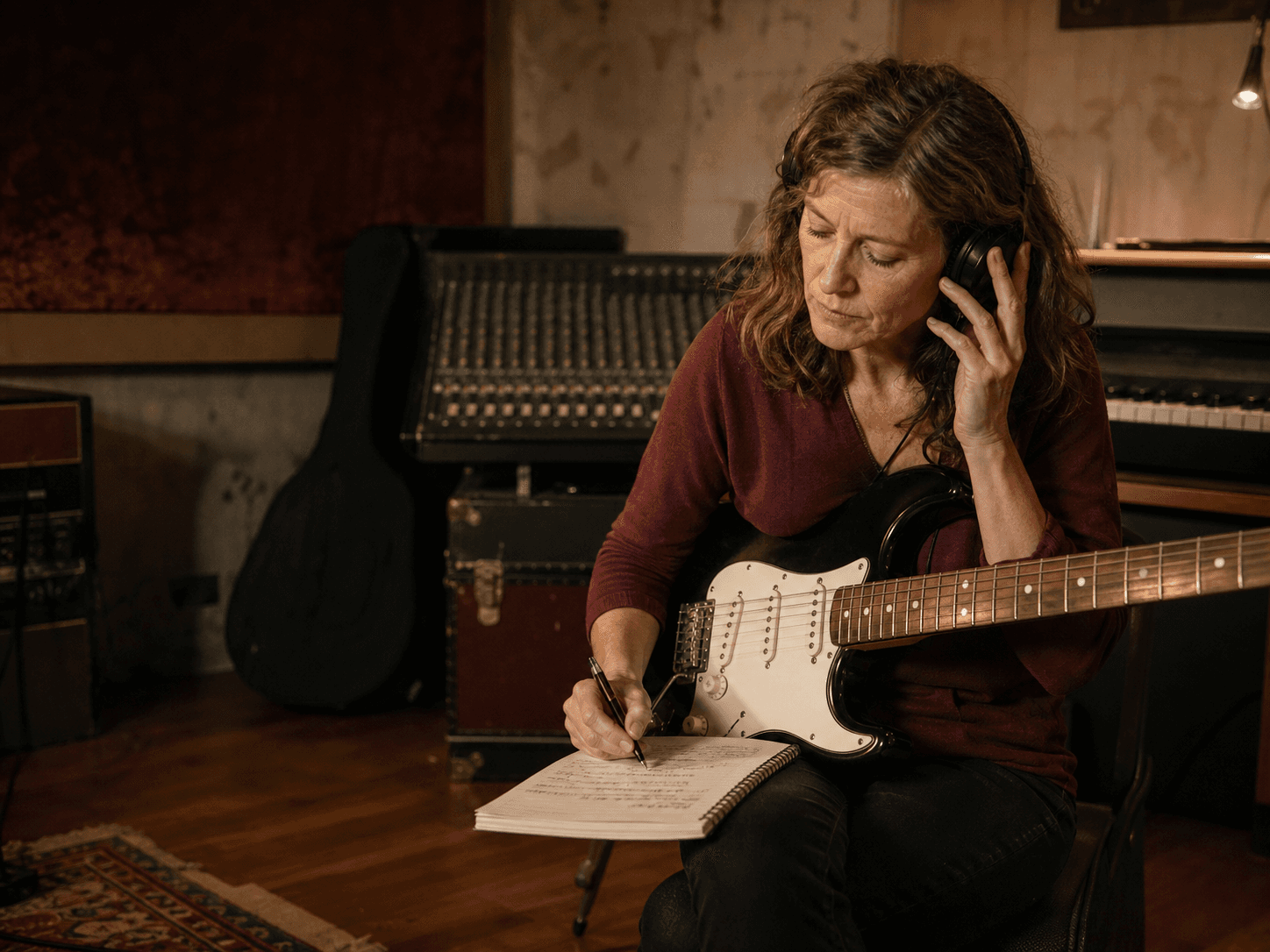 Musician and producer reviewing reference tracks in a recording studio