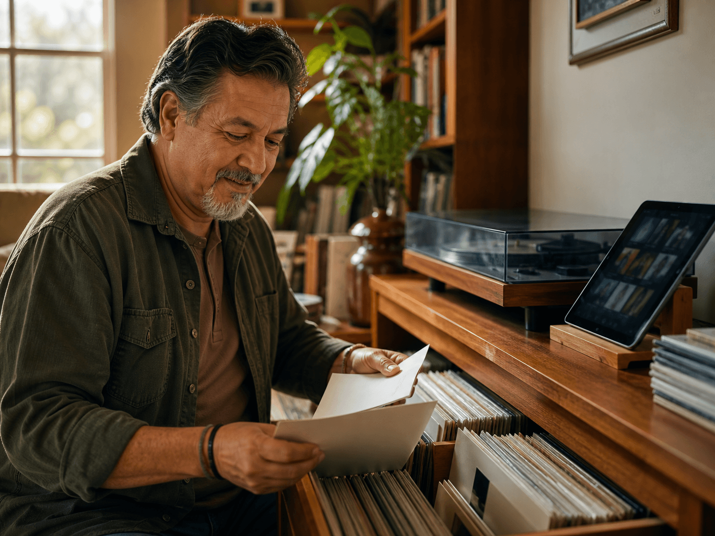 Music collector organizing an AI-generated song library at home