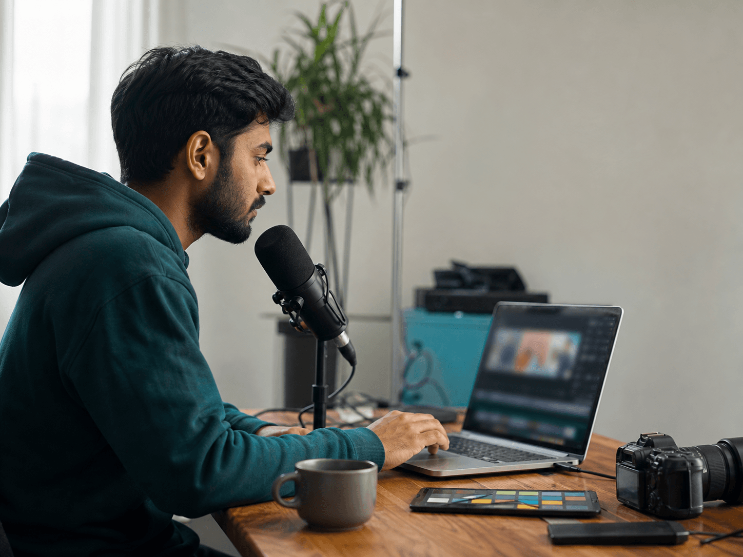 Video creator and podcaster organizing music for a production